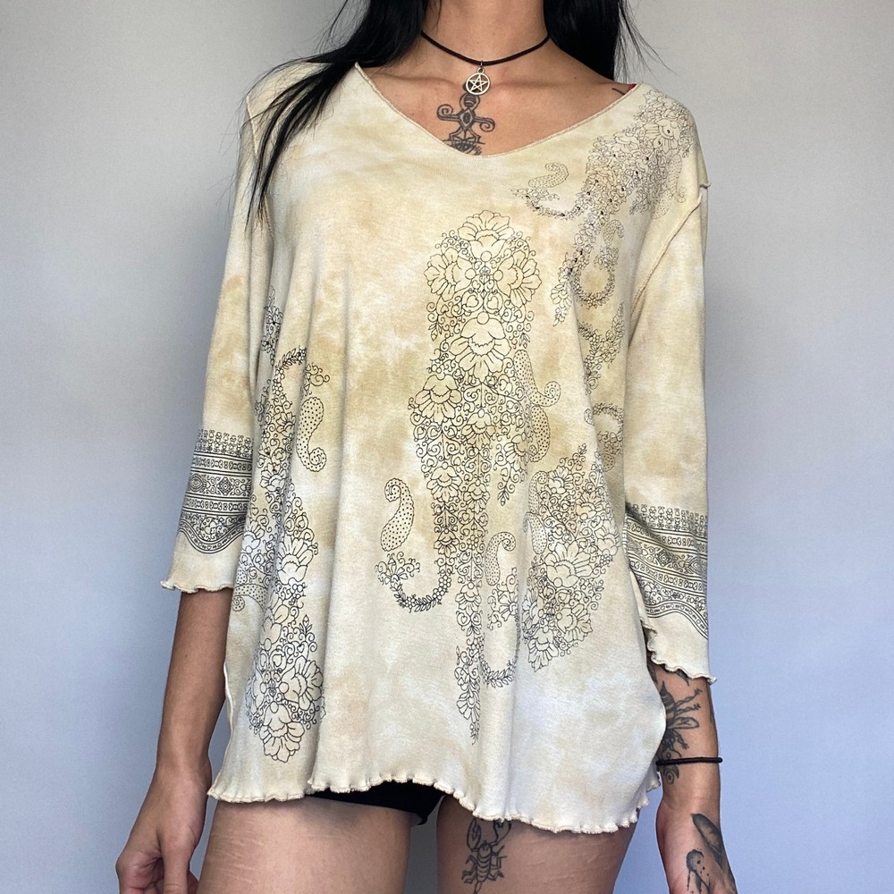 Y2K Avenue Cream Gold Boho Paisley Top Oversized Fairycore Festival Blouse XL